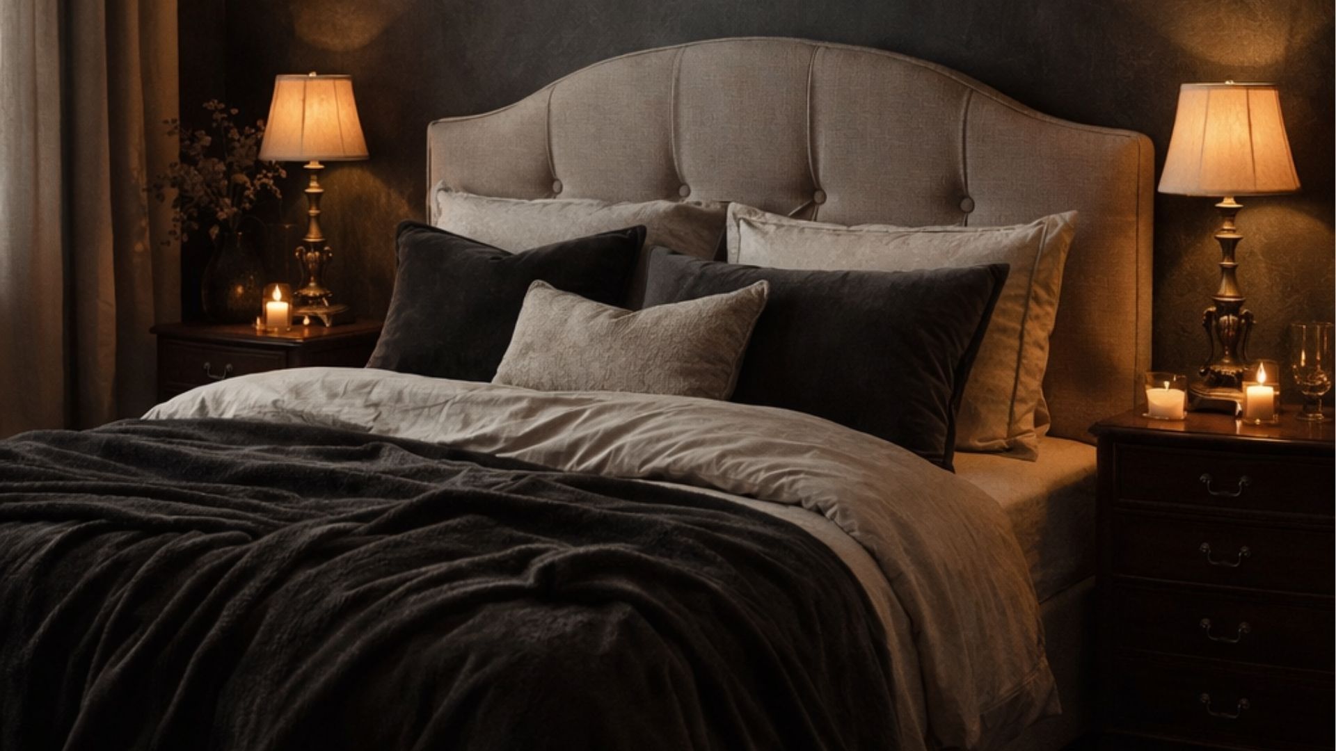 Dark and moody romantic bedroom with deep charcoal walls, a plush upholstered bed, layered neutral and velvet bedding, warm brass lamps, candlelight, and a cozy, intimate atmosphere.