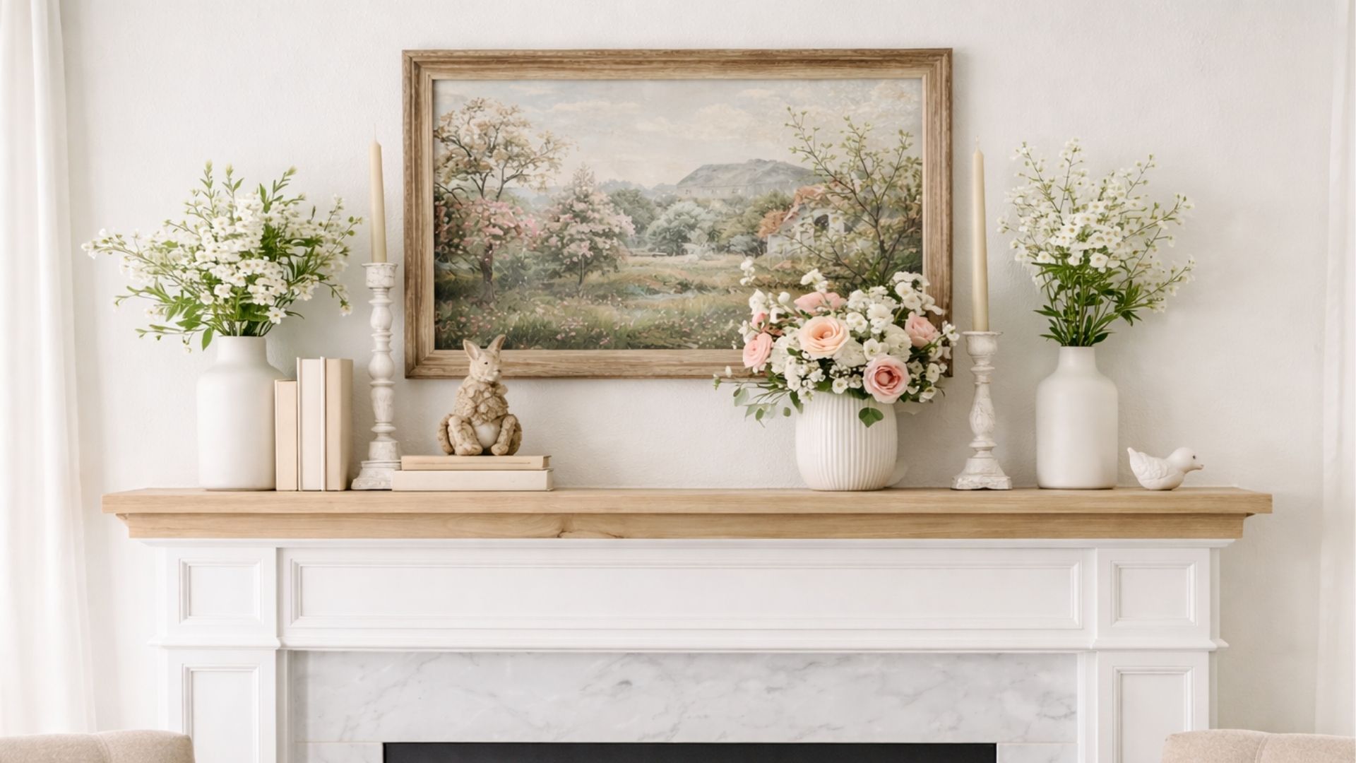 Symmetrical spring mantel decor with a white fireplace surround, light wood mantel, neutral ceramic vases, fresh greenery, soft blush florals, and vintage framed artwork in a bright, airy living room.