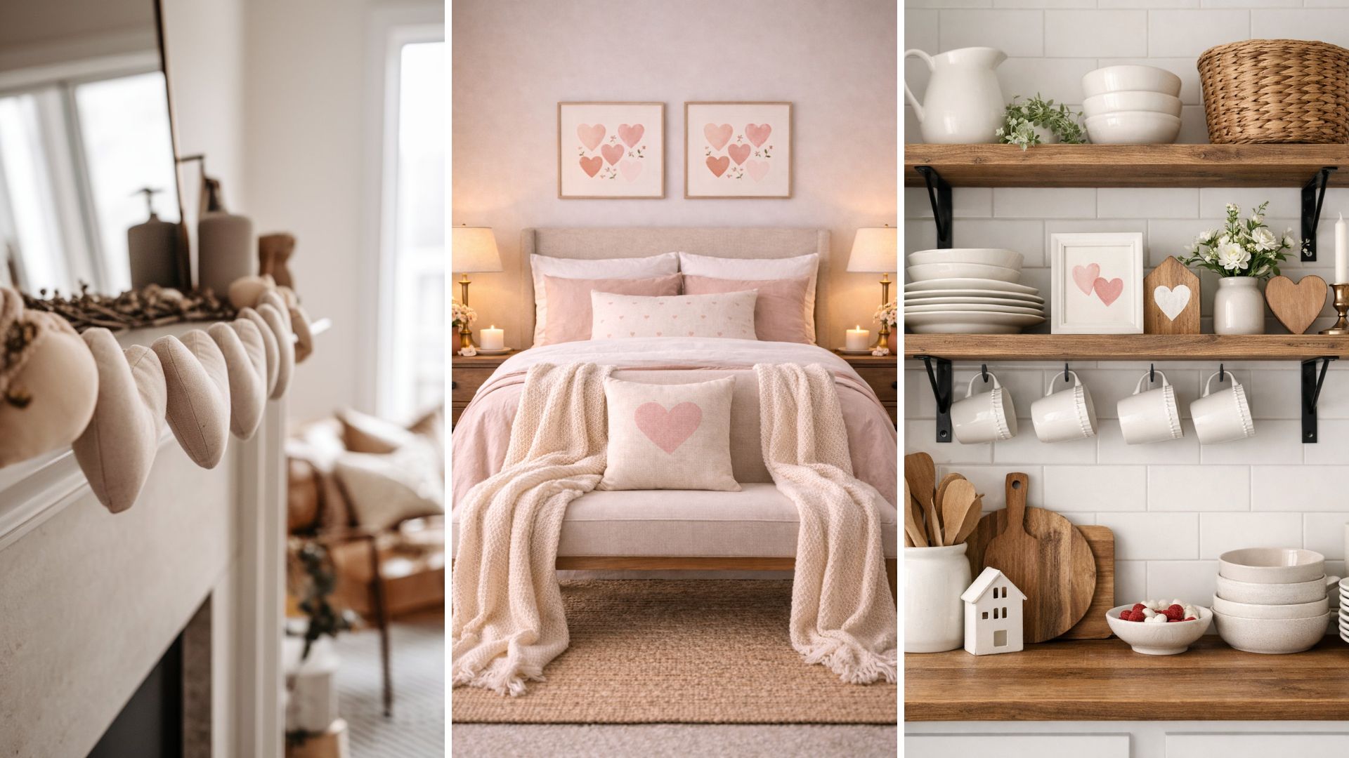 Collage of cozy Valentine’s Day home decor ideas including a neutral bedroom with heart pillows and layered throws, open kitchen shelves with soft Valentine accents, and a fireplace mantel styled with fabric heart garland in warm neutral tones.