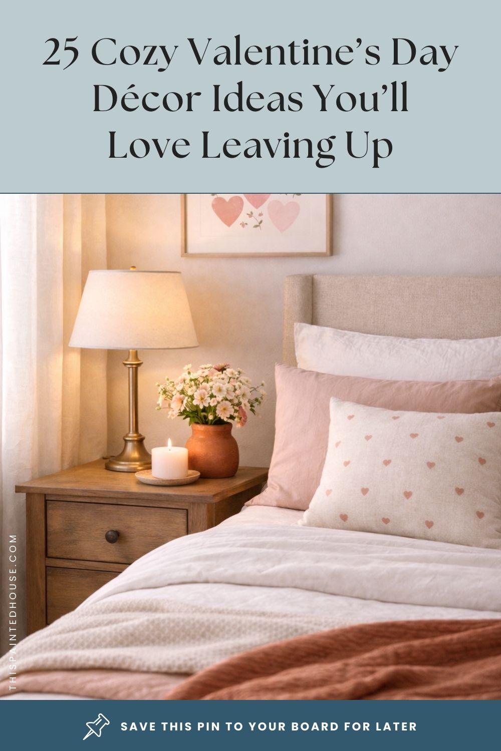 Cozy neutral bedroom styled for Valentine’s Day with soft blush bedding, heart accent pillow, warm bedside lighting, and layered blankets creating a calm, inviting atmosphere.